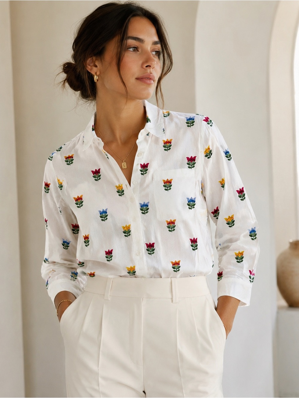 Carolina Herrera Floral Embroidered Cotton Button Down Shirt White Size 4